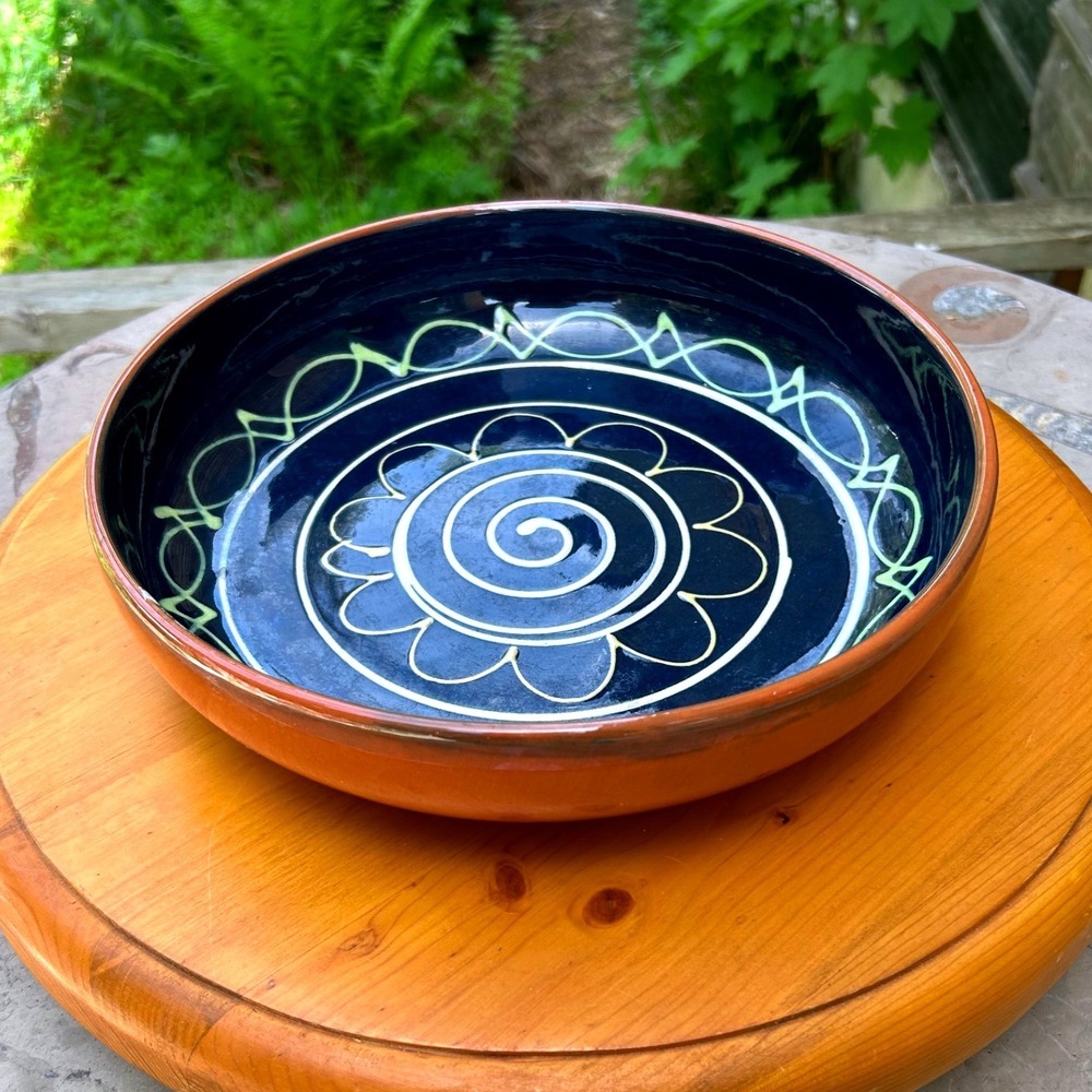 Vintage Terracotta Bowl Large Cobalt Blue Hand‎ Painted Pottery Redware Folk Art